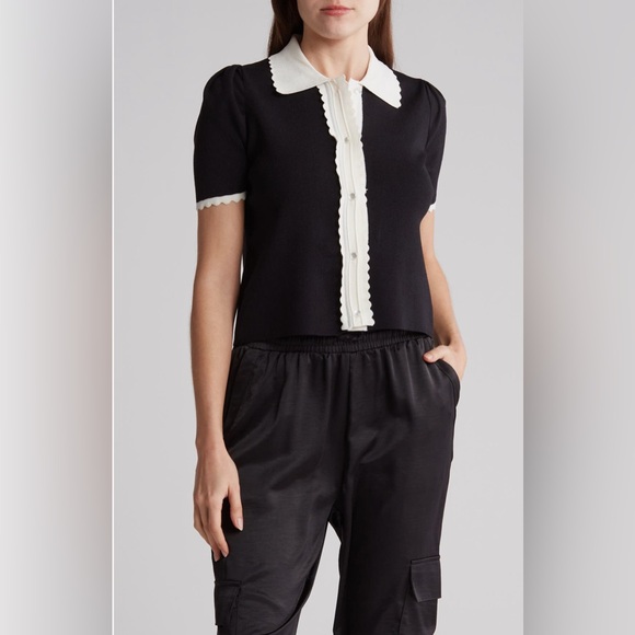 Laundry by Shelli Segal Knit Top Size L Black Trim Button Front Short Sleeve - Picture 1 of 6